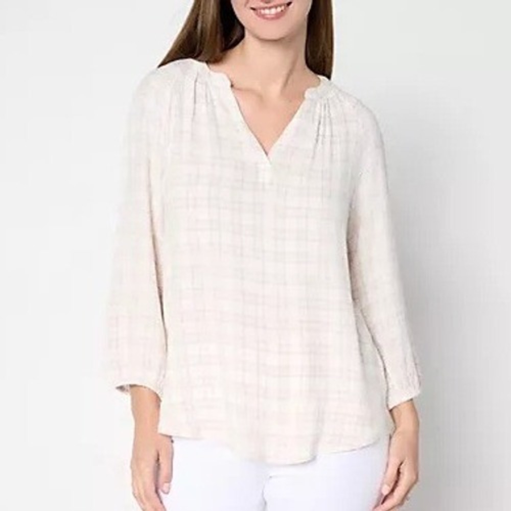 Belle‎ by Kim Gravel Medium Natural Tan Mini Plaid Weekend Peasant Shirt A691854
